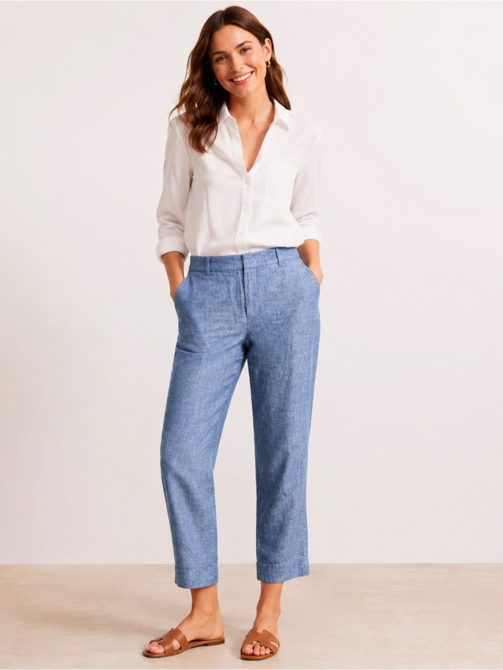Boden Linen Blend Chambray Straight-Leg Pants in Blue. Size 10R. 25” inseam.